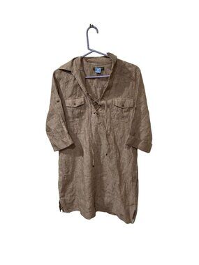 Tommy Bahama Linen Lace-Up Long Tunic Dress With Roll-Tab Sleeves Chest Pockets